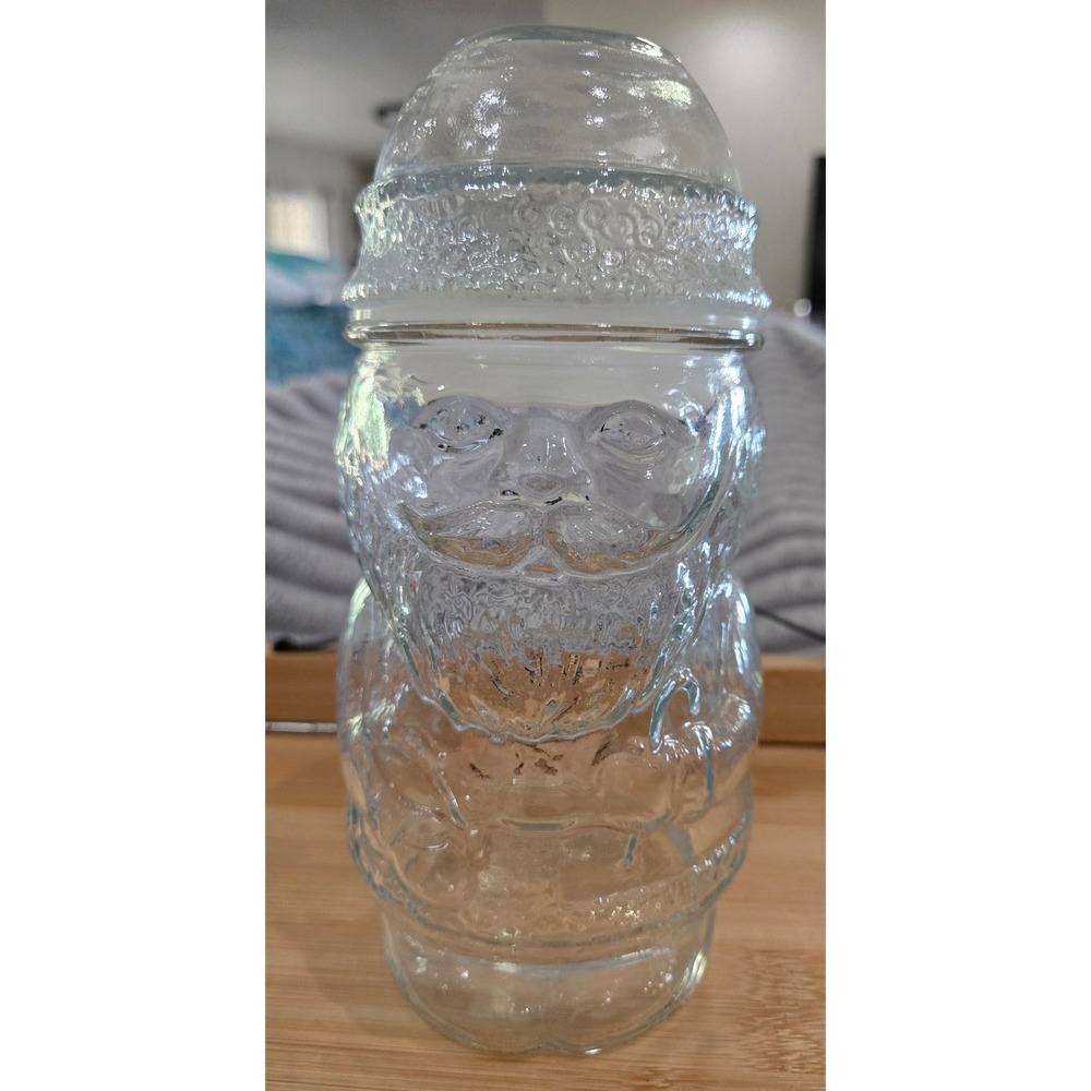 Vintage Clear Glass Santa Claus Cookie Jar Candy Canister with Lid 9 Inch Mexico